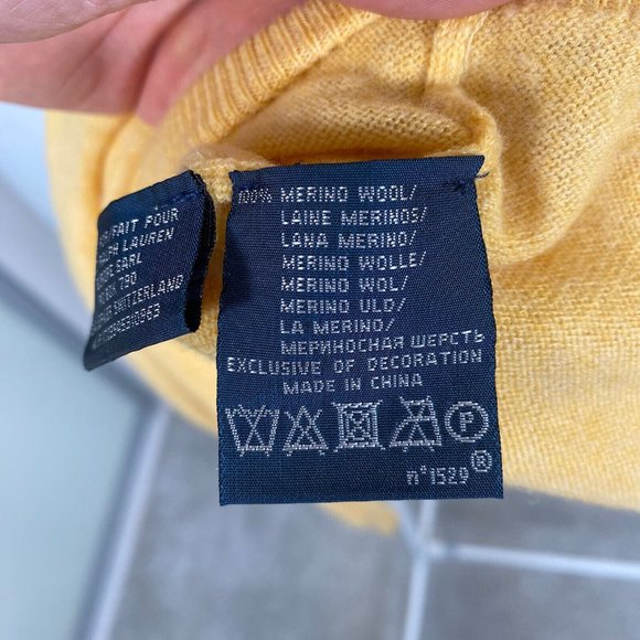Polo Ralph Lauren 100% Merino Wool Jumper V-Neck Sweater Yellow Medium - Picture 10 of 14